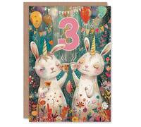 Artery8 Birthday Card Cute Bunny Rabbit Unicorn Balloons Forest Party 3rd 3 Year Old For Child Kids Son Daughter Greeting Card