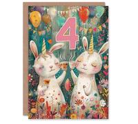 Artery8 Birthday Card Cute Bunny Rabbit Unicorn Balloons Forest Party 4th 4 Year Old For Child Kids Son Daughter Greeting Card