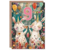 Artery8 Birthday Card Cute Bunny Rabbit Unicorn Balloons Forest Party 9th 9 Year Old For Child Kids Son Daughter Greeting Card