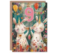 Artery8 Birthday Card Cute Bunny Rabbit Unicorn Balloons Forest Party 9th 9 Year Old For Child Kids Son Daughter Greeting Card