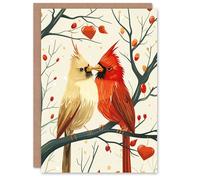 Artery8 Birthday Card Cute Cardinal Birds Couple Stylised Autumn Forest Blank Arty Art All Occasion Greeting Card