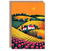 Artery8 Birthday Card Cute Countryside Farm House Fields Sunset Greeting Card in Orange Artery8 Orange
