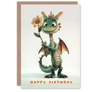 Artery8 Birthday Card Cute Dragon with Daisy Flower Cartoon For Son Daughter Girl Boy Kids Happy Card