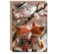 Artery8 Birthday Card Cute Felt Fox Couple Under Cherry Blossom Tree Blank Arty Art All Occasion Greeting Card