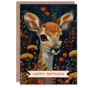 Artery8 Birthday Card Cute Forest Fawn Baby Deer Autumn Flowers For Child Kids Son Daughter Greeting Card in Brown Artery8 Brown