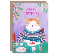 Artery8 Birthday Card Cute Ginger Tabby Cat Lover Cafe Cake For Child Kids Son Daughter Greeting Card
