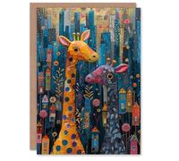 Artery8 Birthday Card Cute Giraffe Houses Colourful City Folk Art For Child Kids Son Daughter Greeting Card