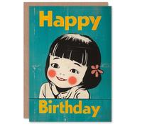Artery8 Birthday Card Cute Happy Girl Retro Japanese Style For Child Kids Son Daughter Greeting Card