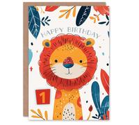 Artery8 Birthday Card Cute Jungle Lion Bright Cartoon Drawing 1st First One Year Old For Child Kids Son Daughter Greeting Card
