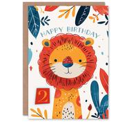 Artery8 Birthday Card Cute Jungle Lion Bright Cartoon Drawing 2nd 2 Year Old For Child Kids Son Daughter Greeting Card