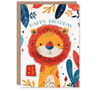 Artery8 Birthday Card Cute Jungle Lion Bright Cartoon Drawing 3rd 3 Year Old For Child Kids Son Daughter Greeting Card in Orange Artery8 Orange