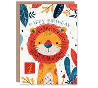 Artery8 Birthday Card Cute Jungle Lion Bright Cartoon Drawing 4th 4 Year Old For Child Kids Son Daughter Greeting Card
