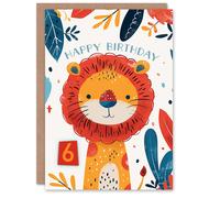Artery8 Birthday Card Cute Jungle Lion Bright Cartoon Drawing 6th 6 Year Old For Child Kids Son Daughter Greeting Card in Orange Artery8 Orange