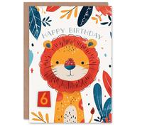 Artery8 Birthday Card Cute Jungle Lion Bright Cartoon Drawing 6th 6 Year Old For Child Kids Son Daughter Greeting Card
