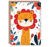 Artery8 Birthday Card Cute Lion Jungle Bright Cartoon Drawing For Child Kids Son Daughter Greeting Card