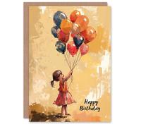 Artery8 Birthday Card Cute Little Girl Holding Balloons Oil Painting For Her Gran Sister Niece Daughter Wife Woman Greeting Card