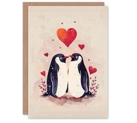 Artery8 Birthday Card Cute Penguin Couple Love Hearts Romantic Blank Arty Art All Occasion Greeting Card