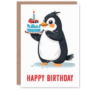 Artery8 Birthday Card Cute Penguin Holding Cake Bright Illustration For Son Daughter Girl Boy Kids Happy Card