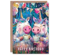 Artery8 Birthday Card Cute Pig Rainbow Unicorn Piglet Tea Party For Child Kids Son Daughter Greeting Card