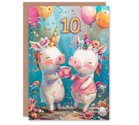 Artery8 Birthday Card Cute Pig Unicorn Piglet Party Balloons 10th 10 Year Old For Child Kids Son Daughter Greeting Card
