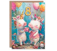 Artery8 Birthday Card Cute Pig Unicorn Piglet Party Balloons 8th 8 Year Old For Child Kids Son Daughter Greeting Card