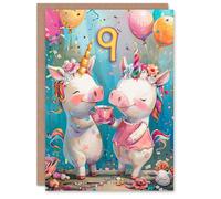 Artery8 Birthday Card Cute Pig Unicorn Piglet Party Balloons 9th 9 Year Old For Child Kids Son Daughter Greeting Card