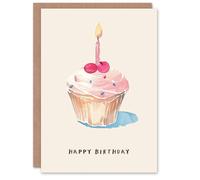 Artery8 Birthday Card Cute Pink Cherry Candle Cupcake Watercolour For Her Gran Sister Niece Daughter Wife Woman Greeting Card