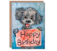 Artery8 Birthday Card Cute Poodle Pet Dog Puppy Holding Happy Birthday Sign For Son Daughter Girl Boy Kids Happy Card