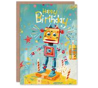 Artery8 Birthday Card Cute Robot Orange Blue Red Fun For Child Kids Son Daughter Greeting Card