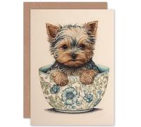 Artery8 Cute Teacup Yorkshire Terrier Dog in Floral Pattern Tea Cup Watercolour Illustration Art Birthday Sealed Greeting Card Plus Envelope Blank inside
