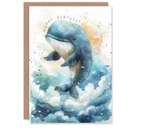 Artery8 Birthday Card Cute Whale Wave Jump Illustration Child For Son Daughter Girl Boy Happy Card