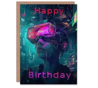 Artery8 Birthday Card Cyberpunk Woman Portrait VR Neon For Him Man Male Dad Brother Son Papa Grandad Greeting Card