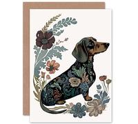 Artery8 Dachshund Shorthaired Dog with Floral Patterns Colourful Modern Illustration Art Birthday Sealed Greeting Card Plus Envelope Blank inside