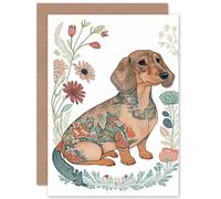 Artery8 Dachshund Shorthaired Dog with Ornate Floral Patterns Colourful Colour Pencil Illustration Art Birthday Sealed Greeting Card Plus Envelope Blank inside