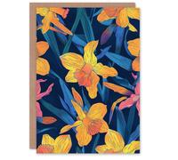 Artery8 Birthday Card Daffodil Flowers Vibrant Orange Pink Blue Design For Her Gran Sister Niece Daughter Wife Woman Greeting Card