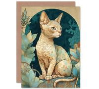 Artery8 Devon Rex Cat with Pattern Fur Art Nouveau Modern Illustration Art Birthday Sealed Greeting Card Plus Envelope Blank inside