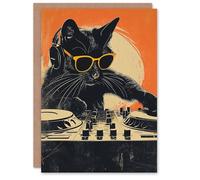 Artery8 Birthday Card DJ Black Cat with Sunglasses on Decks For Him Man Male Dad Brother Son Papa Grandad Greeting Card