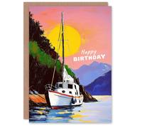 Artery8 Birthday Card Docked Sailboat Harbour Sunset Coastal Landscape Blank For Him Or Her Art Greeting Card