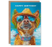 Artery8 Birthday Card Dog Lover Fun Tropical Vacation Portrait For Him Man Male Dad Brother Son Papa Grandad Greeting Card