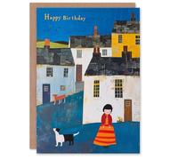 Artery8 Birthday Card Dog Lover Girl in Small Village Painting For Her Gran Sister Niece Daughter Wife Woman Greeting Card