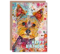 Artery8 Birthday Card Dog Lover Yorkshire Terrier Fun Colourful Portrait For Child Kids Son Daughter Greeting Card
