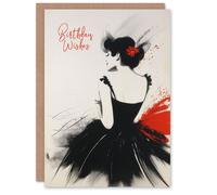Artery8 Birthday Card Elegant Dancer Black Red Bright Painting For Her Gran Sister Niece Daughter Wife Woman Greeting Card