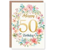 Artery8 Birthday Card Elegant Floral Frame Watercolour Design 50th Age 50 Years Old For Her Gran Sister Niece Daughter Wife Woman Greeting Card