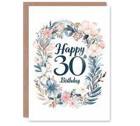 Artery8 Birthday Card Elegant Floral Letterpress Happy 30th Greeting Card in Blue Artery8 Blue