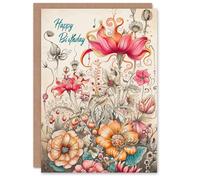 Artery8 Birthday Card Exotic Wild Flowers Fun Botanical Drawing For Her Gran Sister Niece Daughter Wife Woman Greeting Card