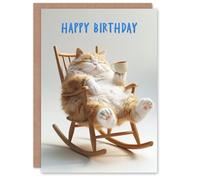 Artery8 Birthday Card Fat Fluffy Cat Lover Rocking Chair Tea For Child Kids Son Daughter Greeting Card