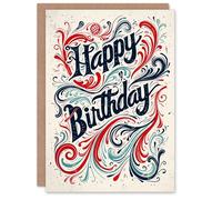 Artery8 Birthday Card Filigree Red Blue Letterpress Pattern For Him Man Male Dad Brother Son Papa Grandad Greeting Card
