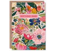 Artery8 Birthday Card Floral Babe Colourful Watercolour Flower Pattern For Her Gran Sister Niece Daughter Wife Woman Greeting Card
