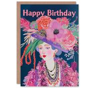 Artery8 Birthday Card Floral Fashion Dame with Fancy Hat Portrait For Her Gran Sister Niece Daughter Wife Woman Greeting Card