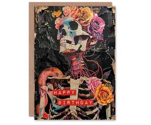 Artery8 Birthday Card Floral Gothic Memento Mori Skeleton Collage For Her Gran Sister Niece Daughter Wife Woman Greeting Card Personalised